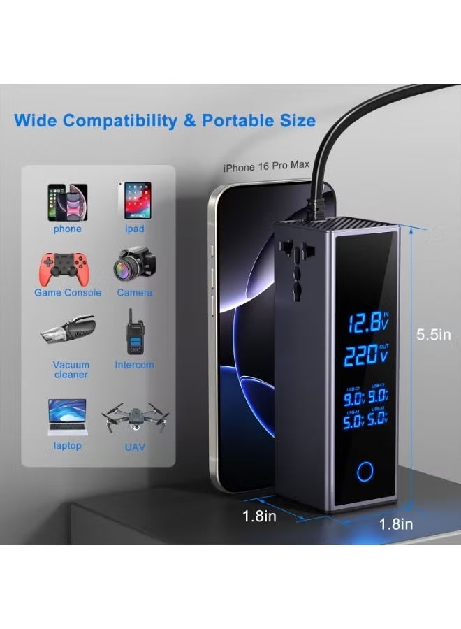 إلترازون Multifunctional 150W Car Power Inverter – LED Display, 220V AC Outlet, Dual PD 30W USB-C & Dual QC 3.0 Fast Charging Ports for Vehicles, Travel, and Outdoor Use - Image 4